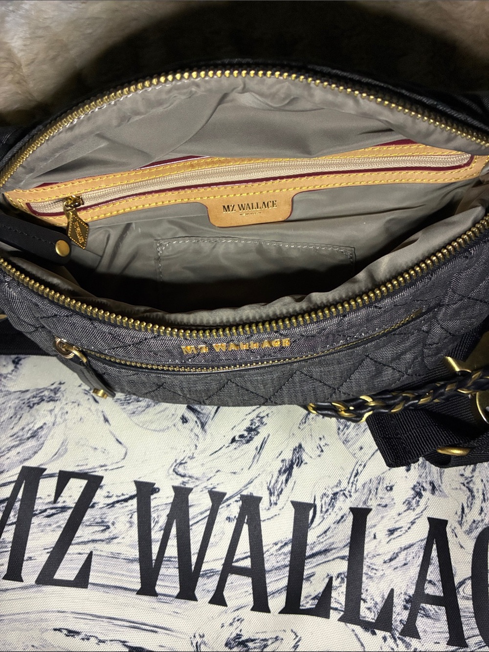 LIMITED EDITION MZWallace Quilted Charcoal Denim Small Crosby with Gold Hardware - Picture 7 of 14